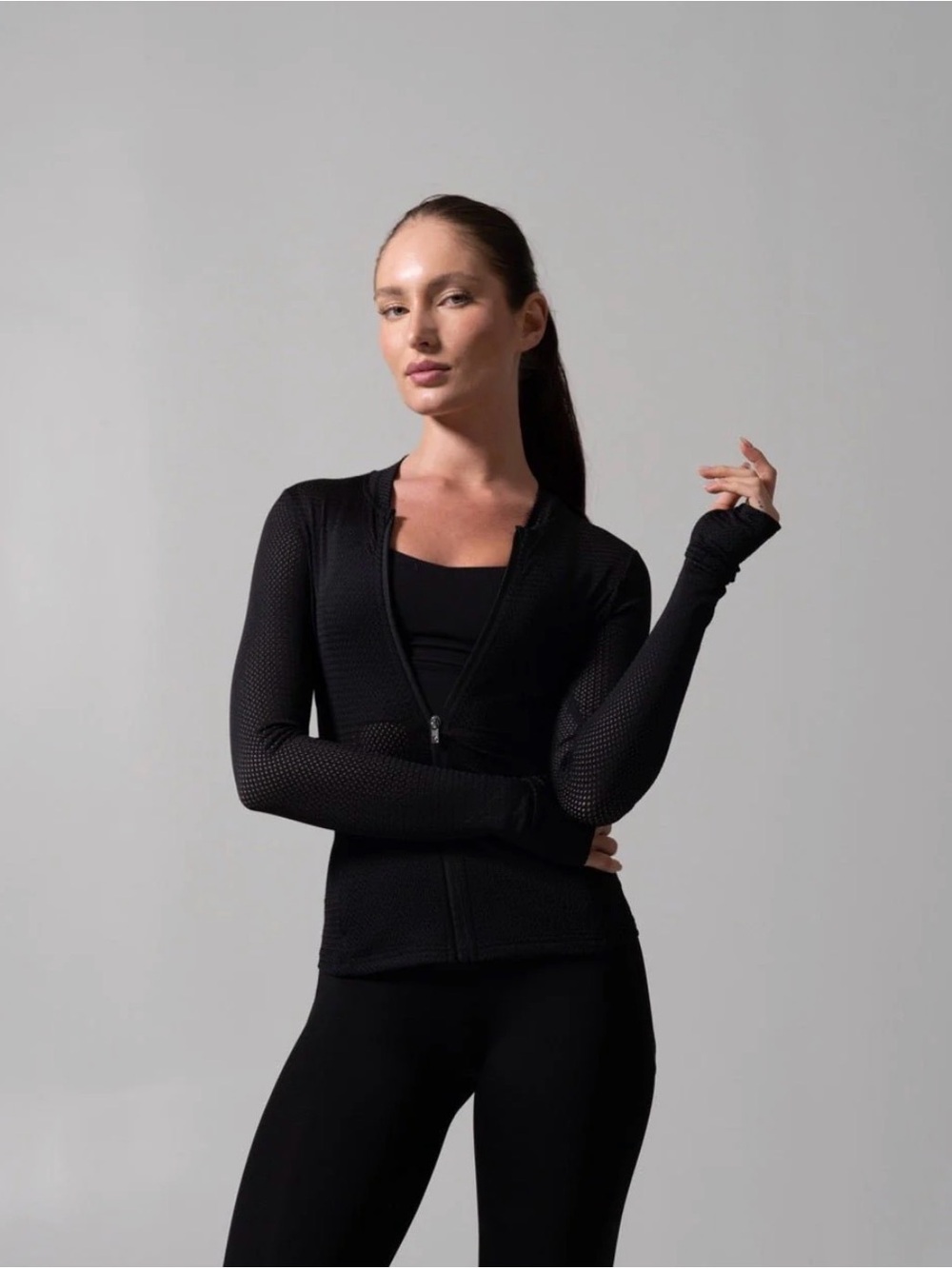 BuffBunny Collection Spice Zip-Up mesh jacket in Onyx black